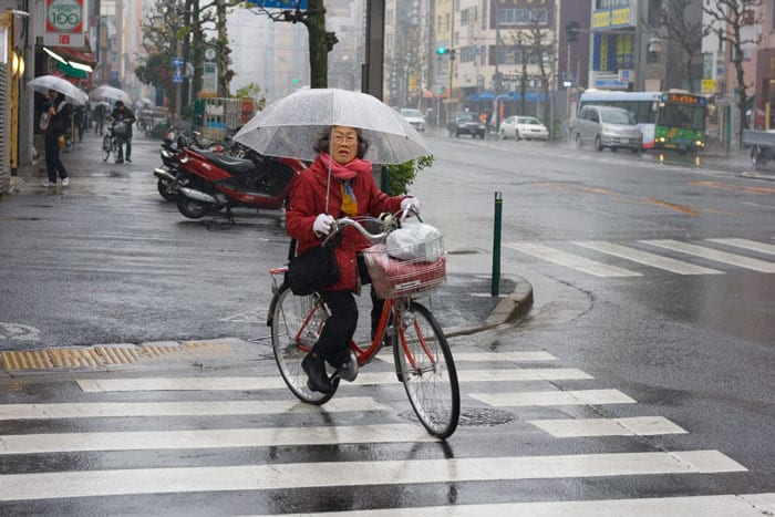 Típica imagen en Tokyo con el paraguas en la boci.