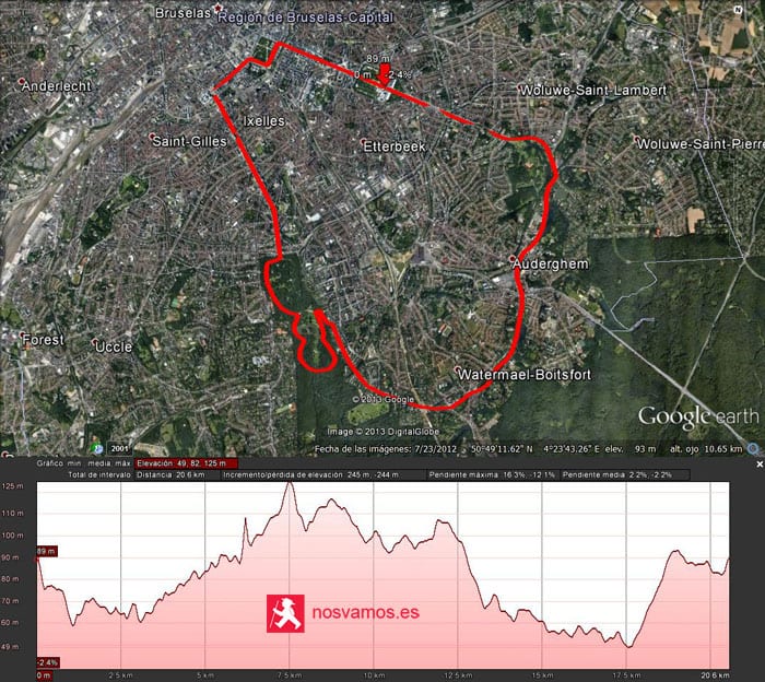 Mapa y altimetría de los 20km de Bruselas en Google Hearth — Vivir en Bruselas, Bélgica